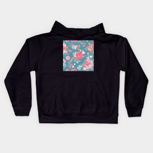 Pink and Blue Shabby Chic  Floral Flowers, Pretty Feminine Pattern on Blue Background Kids Hoodie